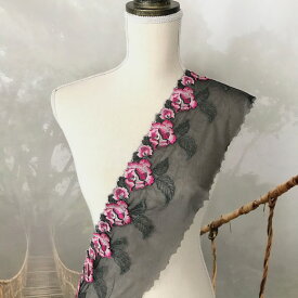 レース リボン 手芸 幅広 バラ模様 ピンク 刺繍リボン 手作り 飾り 素材 装飾 材料 衣装 チュールレース