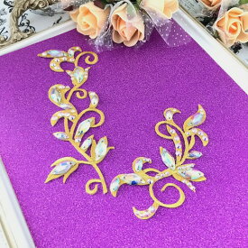 レオタード バトン 衣装 モチーフ ゴールド ラインストーン付き 花 アイロン接着可 ワッペン アップリケ アイロン用 ダンス 衣装 装飾 新体操