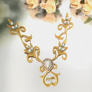 ゴールド レオタード バトン モチーフ ネックライン ラインストーン ネックラインモチーフ ワッペン アイロン用 貼り付け 衣装 レオタードモチーフ バレエ衣装