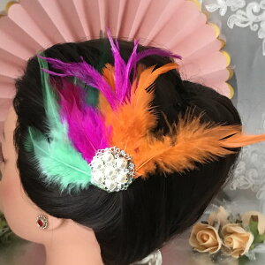 ヘア飾り ヘッドコサージュ ヘアアクセサリー ヘッドピース コサージュ 羽根付き フェザー ヘッドドレス ダンス衣装 髪飾り ヘアアクセサリー 社交ダンス 衣装 ブローチ グリーン パープル