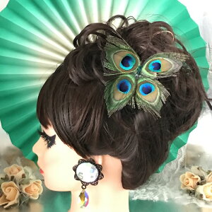 ヘア飾り ヘッドコサージュ ヘアアクセサリー クジャクフェザー ヘッドピース コサージュ 羽根付き フェザー ヘッドドレス ダンス衣装 髪飾り ヘアアクセサリー 社交ダンス 衣装 グリーン