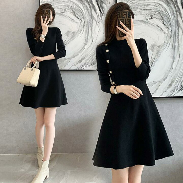 楽天市場】黒 ニットワンピース 膝丈 ボタン パール オシャレ Aライン  