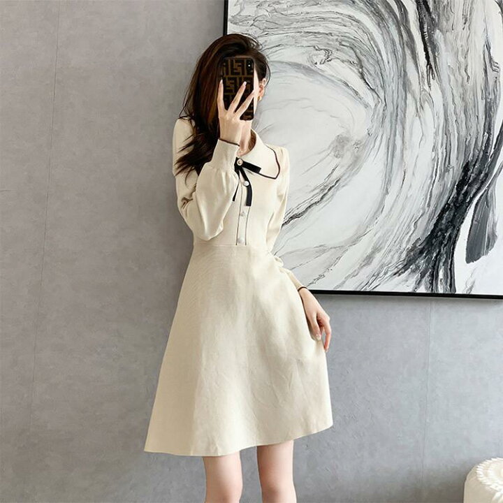 楽天市場】ニットワンピース ベージュ 襟付き リボン 可愛い  