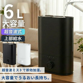 加湿器 超音波加湿器 無段階ミスト 大容量 6L 上部給水 冷房対策 乾燥対策 タイマー設定 空焚き防止 お手入れ簡単 洗える リビング 寝室 オフィス 家庭用 卓上 2Way給水
