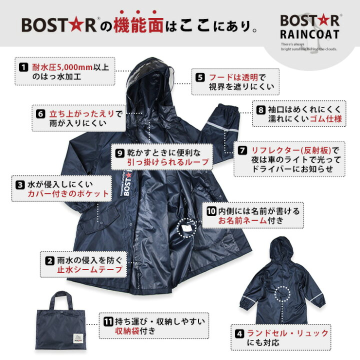 楽天市場 キッズ ジュニア レインコート Bost R ランドセル対応 女の子 男の子 1cm 130cm 140cm 150cm 160cm カッパ はっ水 リュックサック 撥水 防水テープ 小学生高学年 遠足 校外学習 シンプル リフレクター 雪遊び 無地 雨具 軽量 軽い おしゃれ ボストアール
