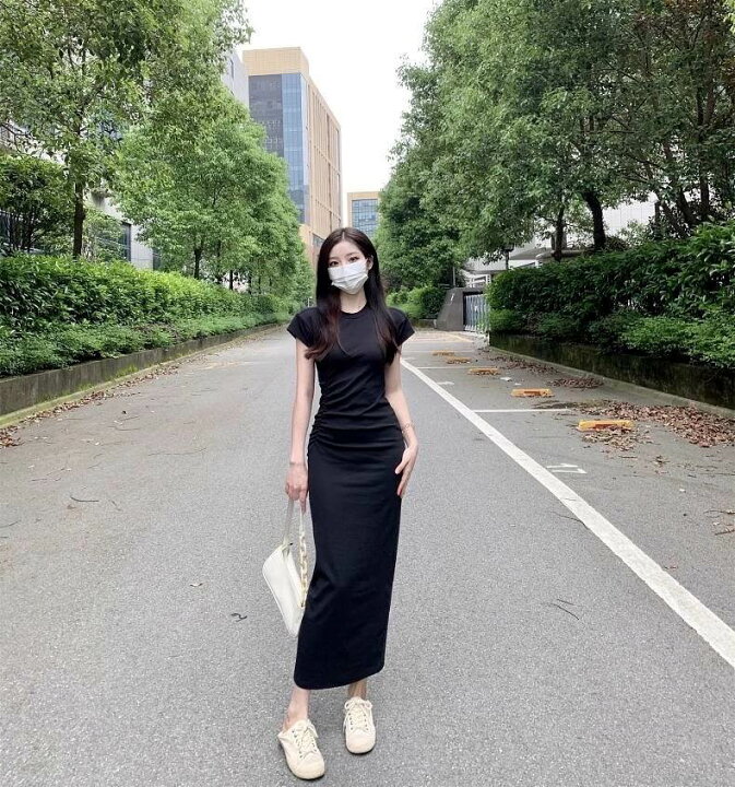 楽天市場】タイトワンピース ロング ロング丈 袖あり 半袖 ラウンド  