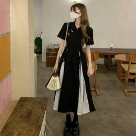 チャイナ風 ワンピース ロング丈 半袖 大襟 切り替えデザイン ハイウエスト 大人可愛い きれいめ シンプル カジュアル 上品 こなれ感 レトロ 存在感 春 夏 秋 冬 10代 20代 30代 40代 50代 レディース ママ 学生 デート 重ね着 モテ 脚長 コーデ
