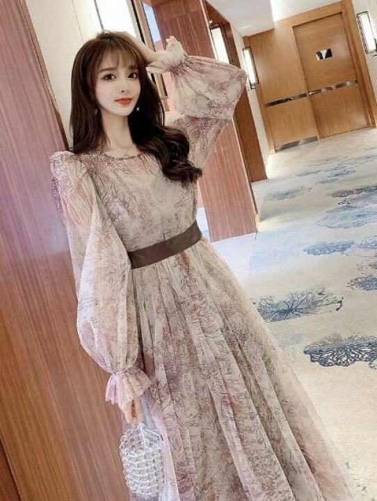 楽天市場】シフォン ワンピース ワンピドレス ミモレ丈 長袖 ラウンド 