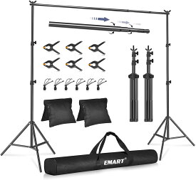 【P5倍★】EMART 背景スタンド 撮影スタンド 200x300cm 幅、高さ調節可能 背景布/グリーンバックスタンド 生放送web会議、パーティーなどに適用 クロマキー合成など大活躍（スプリングクランプ、ロープクリップ、サンドバッグ、キャリーバッグ付き）