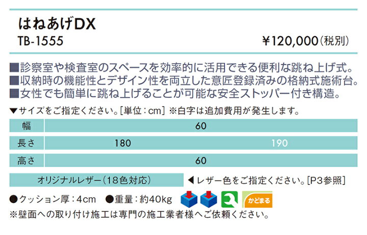 【ポイント5倍】高田ベッド はねあげDX マッサージベッド 省スペース 格納式 検査用 診察台 治療用ベッド 医療用ベッド 壁取付式 TB-1555 エンバシー 高田ベッド正規特約店 ★ポイント最大16倍★-オメガ式ハイローDXベッド TB-955 幅: 長: 高: アイボリー 高田ベッド製作所 JAN kt435511 取寄品 医療・施設 施設用備品 診察台-