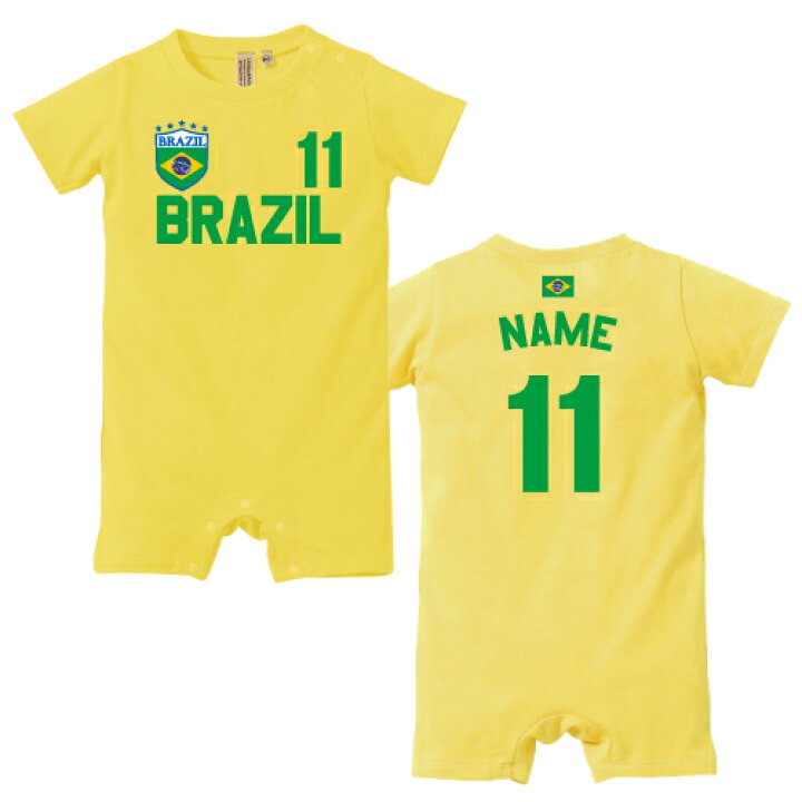 楽天市場 サッカーユニフォーム背番号 名入れベビーロンパース ブラジル ブラジル代表 Brasil Brazil 70サイズ 80サイズ カナリアイエロー サンバ 南米 カバーオール 王国 Soccer フットボール 新生児 赤ちゃん 誕生日 記念日 Emblem楽天市場店