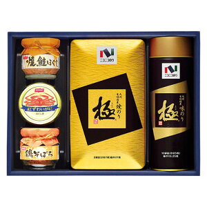 ニコニコのり 焼のり・味のり・カニ缶・瓶詰詰合せ (味のり丸缶・焼のり半裁缶・紅ずわいがにほぐし身・焼鮭ほぐし瓶・鶏そぼろ瓶) 22533604