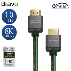 HDMIケーブル 永久保証｜Kordz BRAVO-HD0100 1m 100cm 8K対応 HDMI2.1 Apple TV ゲーム PS5 パソコン モニター プロジェクター 映画 全機能対応 48Gbps 最大10K解像度