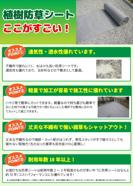 楽天市場 防草シート 10年耐用 植樹防草シート 1m m巻き 下敷き用 平米分 送料無料 グレー 人工芝 雑草 対策 ガーデニング Tg防草シート 砂利 園芸 造園 雑草防止シート 庭 不織布 布 Diy 谷口産業 お庭の宅配便