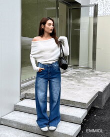 EMMIOL デニムパンツ レディース ワイド バギー ミッドローウエスト ジーンズ 体型カバー ストレート ゆったり 美脚 ヴィンテージ ストリート カジュアル 全4色 S/M/L 26夏