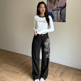 ワイドデニム レディース パターン柄 刺繍入り Y2K ルーズフィット 個性派 ジーンズ ストリート ヒップホップ 大きめシルエット 美脚 体型カバー グレーパターン ディープブルー ブラック 春 夏 秋 冬 全3色 S/M/L 26春 EMMIOL