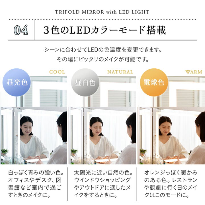 楽天市場】LEDライト付き ドレッサー セット 三面鏡 デスク スツール 