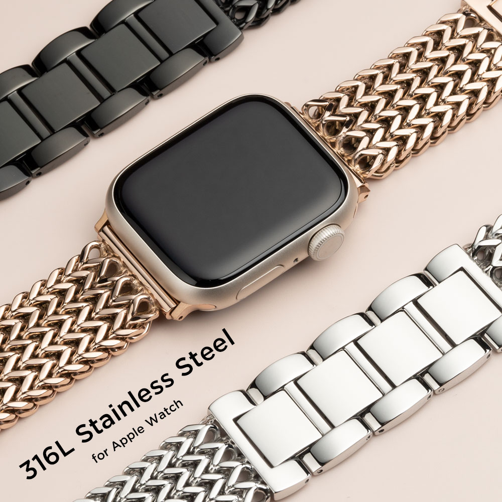 国内直営店 Apple Watch チェーンバンド シルバー レザーホワイト 45mm 金属ベルト