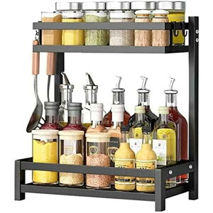 調味料ラック スパイスラック 2段 卓上収納 大容量 防錆 省スペース おしゃれ 組み立てが簡単 4フック付き ブラック