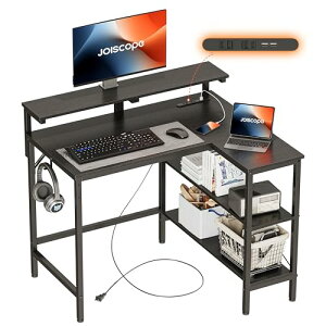 パソコンデスク 机 - 100×50~78cmのl字型デスク、モニタースタンドのpcデスク机コンセント付き、2棚、1鉄のフック、ための勉強用デスク、オフィスデスク 在宅勤務、ホームオフィス用、組立簡