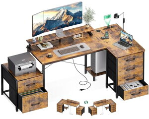 デスク ゲーミングデスク パソコンデスクきデスク キャビネット付き机 pcデスク L字型 コンセント付き ?子 オフィス/在宅ワーク/ゲーム用 長机 左右入れ替え対応 ブラック