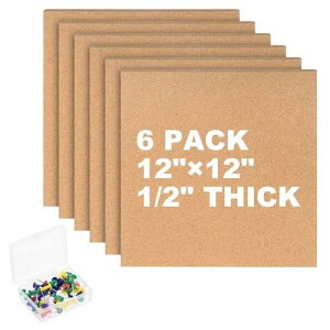 コルクボードタイル 6個入り12" x 12" コルクボード掲示板 厚さ1/2" セルフアドヒーシブ付き