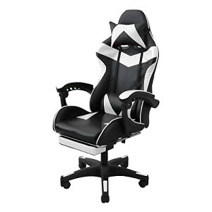 ゲーミングチェア オフィスチェア デスクチェア ゲーム用チェア レザーリクライニング オットマン付き ハイバックチェア (ブラック)