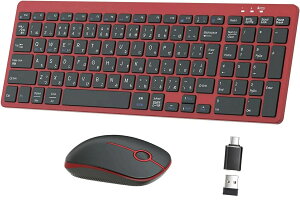 キーボード マウスセット ワイヤレスアダプタ付き テンキー付きノートパソコン レシーバー付属 パンタグラフ マウス テレワーク リモートワーク赤ブラック