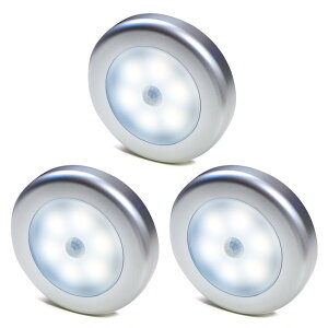人体感応灯led 3点セット電池式室内取付簡単コンパクト玄関階段廊下天井照明フットライト自動点灯感知省エネマグネット防犯被害商品 (シルバー (昼光色))