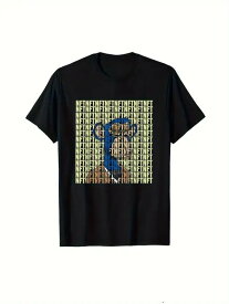 200gのコットンTシャツの前面には繰り返し「NFT」の文字が描かれ、中央には青い帽子とネックレスを身に着けた漫画のキャラクターが配され、全体的に黄色と青を基調としている。