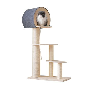 BTM キャットタワー 木製 猫タワー ネコタワー 据え置き 高さ129cm 隠れ家 爪とぎポール 付き おしゃれ 可愛い 子猫 大型猫 組立簡単 省スペース