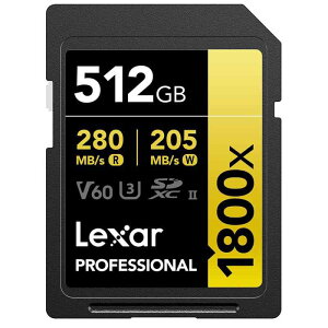 Lexar SD�J�[�h Professional 1800x SDXC�J�[�h �ő�Ǎ�280MB/�b ����205MB/�b UHS-II Class 10 U3 V60 4K Ultra HD ����B�e (512GB) LSD1800512G-BNNNG