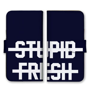 全機種対応 手帳型スマホケース iPhone14 13 Pro Max対応 STUPID FRESH 元気のよいバカ ロゴ 英字 英語 シンプル ネイビー ホワイト 紺色 白 かっこいい カードホルダー付き カード収納 合皮 合成レザ