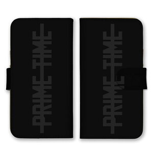 全機種対応 手帳型スマホケース iPhone14 13 Pro Max対応 PRIME TIME プライムタイム ロゴ 英字 英語 シンプル ブラック グレー 黒色 灰色 かっこいい カードホルダー付き カード収納 合皮 合成レザー