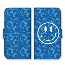 全機種対応 手帳型スマホケース iPhone14 13 Pro Max対応 スマイリー SMILY ニコちゃんマーク ブルー 青色 迷彩柄 カモフラ柄 ミリタリー かっこいい カードホルダー付き カード収納 合皮 合成レザー 手帳タイプ スマートフォン ケース カバー