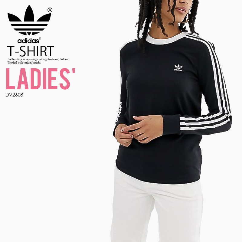 Adidas Women Originals 3-Stripe L/S T-Shirts Black Shirt Tee GYM Jersey  DV2608