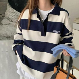 あり ポロシャツ ボーダー柄 スキッパー ロンT ロンティー 襟付き 長袖 Tシャツ オーバーサイズ ラガーシャツ韓国ファッション 大きいサイズ