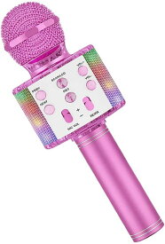 カラオケマイク ワイヤレスマイク Bluetoothスピーカー 自宅カラオケマイク LEDライト付き 音楽再生 録音可能 ノイズキャンセリング パーティー iPhone/Androidに対応 ピンク