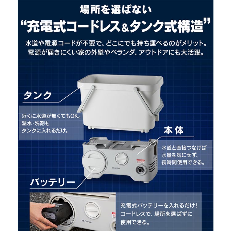 楽天市場】高圧洗浄機 コードレス 充電式 アイリスオーヤマ タンク式 