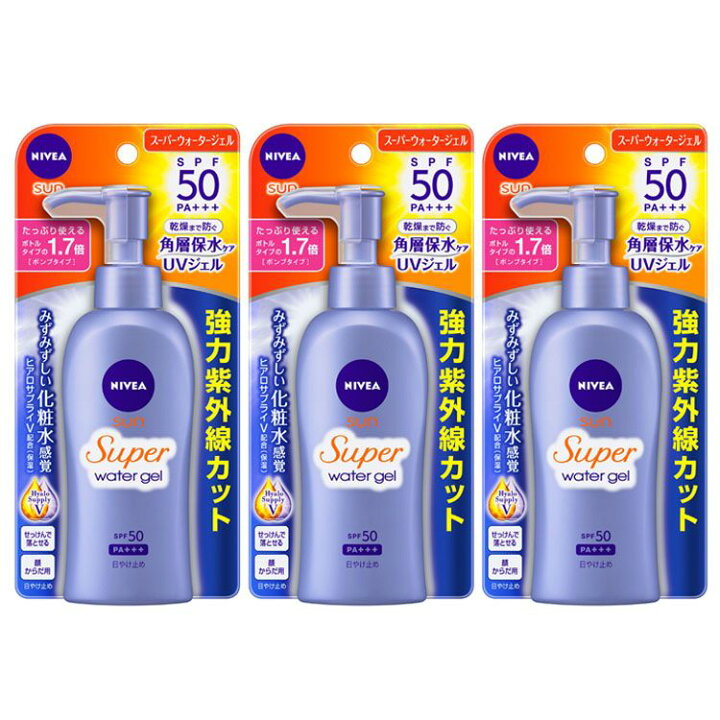 楽天市場】【3個セット】ニベアサン スーパーウォータージェル SPF50 ポンプ 日焼け止め ニベア ウォータージェル UV 3本セット SPF50 顔・からだ用 保水ケア 化粧水感覚 保湿 花王 【D】 : わくわく堂 楽天市場】【3個セット】ニベアサン スーパーウォータージェル SPF50 ポンプ 日焼け止め ニベア ウォータージェル UV 3本セット SPF50 顔・からだ用 保水ケア 化粧水感覚 保湿 花王 【D】 : わくわく堂