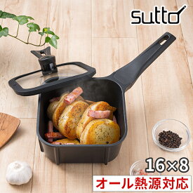 【送料無料】片手鍋 16cm フライパン sutto 深型 四角い 黒 フライパン 直火 ih 四角いフライパン 四角 スマートフライパン ふた付き 人気 ih対応 フタ付き スット ガラス蓋 自立 独立 鍋 おすすめ 黒 蓋付き 深鍋 ドウシシャ おしゃれ 北欧【送料無料】