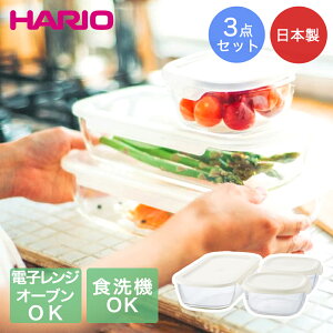 スタッキング 耐熱ガラスコンテナM 3個 HARIO 日本製 | 耐熱 ガラス ハリオ コンテナ 四角 フタ付き 保存容器 電子レンジ オーブン 食洗器 食器洗い 対応 食器になる 透明 中身が見える hario 料