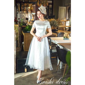 ウェディングドレス ミモレ丈ドレス オーガンジ サテン レース 半袖 オフホワイト レトロ 着痩せ かわいい エレガント 豪華 結婚式 披露宴 二次会 前撮り 花嫁 パーティー 発表会 演