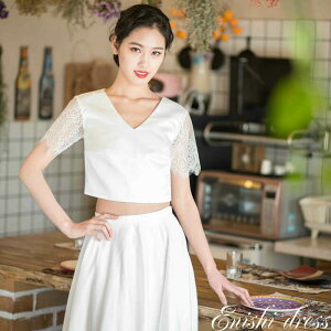 ウェディングドレス セパレートドレス サテン 半袖 レース オーガンジ レイヤー ホワイト Vネック フォトウェディング 結婚式 披露宴 二次会 前撮り パーティー 演奏会発表会 かわいい サ