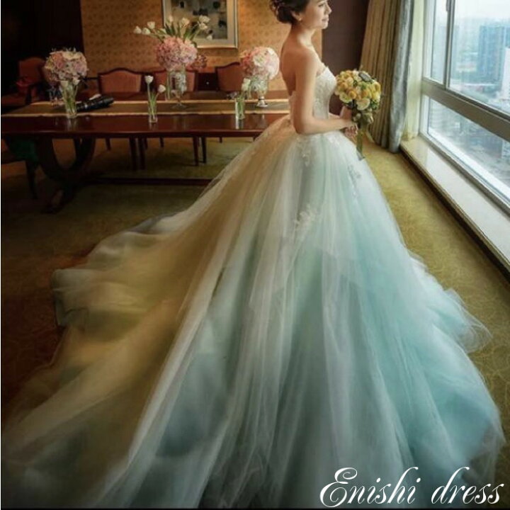 楽天市場 ウェディングドレス 水色 ブルー レース チュール ふわふわ 柔らかい ボリューム 結婚式 披露宴 二次会 前撮り パーティー かわいい エレガント 豪華 ハンドメイド サイズオーダー 縁 ドレス