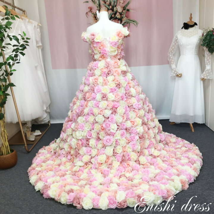 楽天市場 ウェディングドレス バラ 薔薇 花 花柄 豪華 ピンク ホワイト 色変更可 1100個 リボン 予約販売 結婚式 披露宴 二次会 前撮り パーティー カラフル 華やか 豪華 ゴージャス エレガント インスタ映え 縁 ドレス