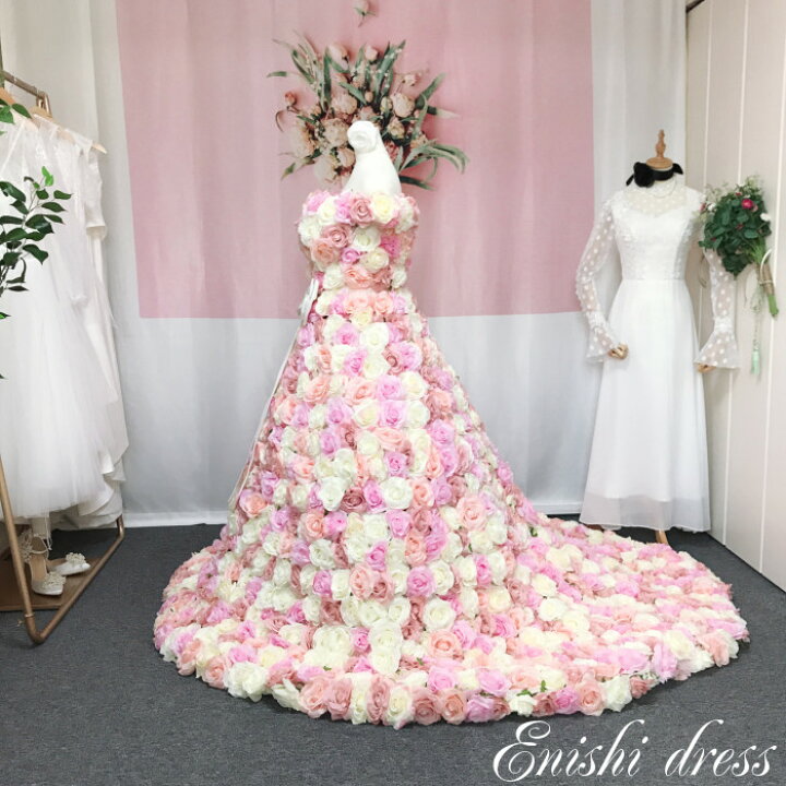 楽天市場 ウェディングドレス バラ 薔薇 花 花柄 豪華 ピンク ホワイト 色変更可 1100個 リボン 予約販売 結婚式 披露宴 二次会 前撮り パーティー カラフル 華やか 豪華 ゴージャス エレガント インスタ映え 縁 ドレス