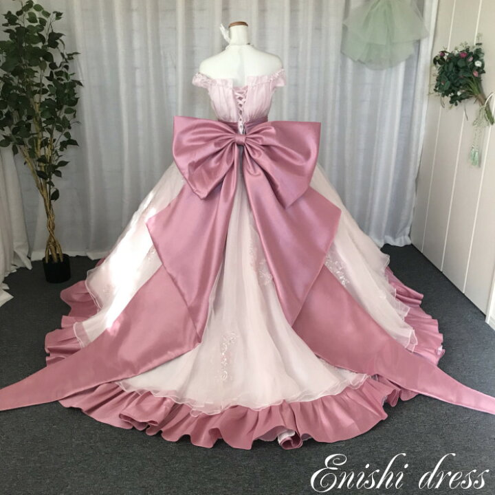 楽天市場】ウェディングドレス カラードレス ピンク リボン オフ 