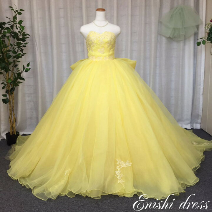 楽天市場 ウェディングドレス カラードレス イエロー オーガンジー リボン 結婚式 披露宴 二次会 前撮り パーティー おしゃれ インスタ映え 上品 高級感 豪華 華やか エレガント ゴージャス 色変更可 縁 ドレス