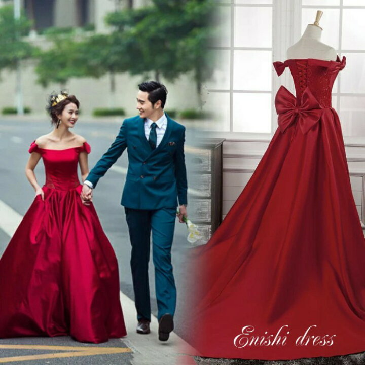 楽天市場 ウェディング カラードレス ワインレッド サテン バックリボン 肩リボン レース Aライン 結婚式 披露宴 二次会 前撮り パーティー かわいい エレガント 豪華 ハンドメイド サイズオーダー 色変更無料 縁 ドレス